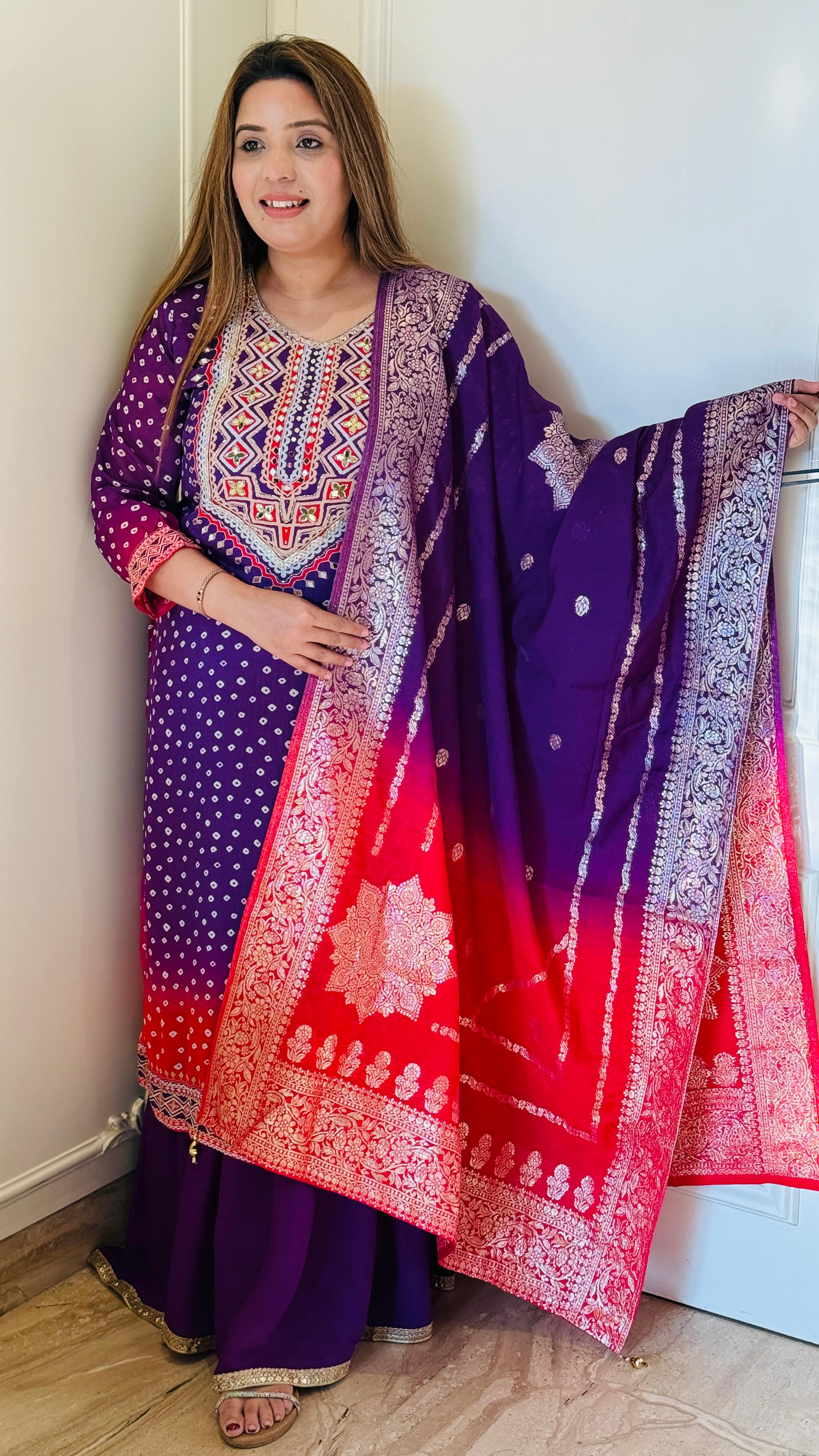 Orange & Purple Bandhani Mystique Georgette Suit Set